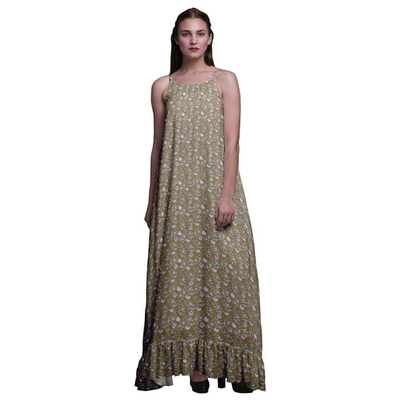 Bimba Light Brown Floral Leaf Nightwear For Women Printed Nightgown Spaghetti Strap Maxi Dress Sleepwear Large