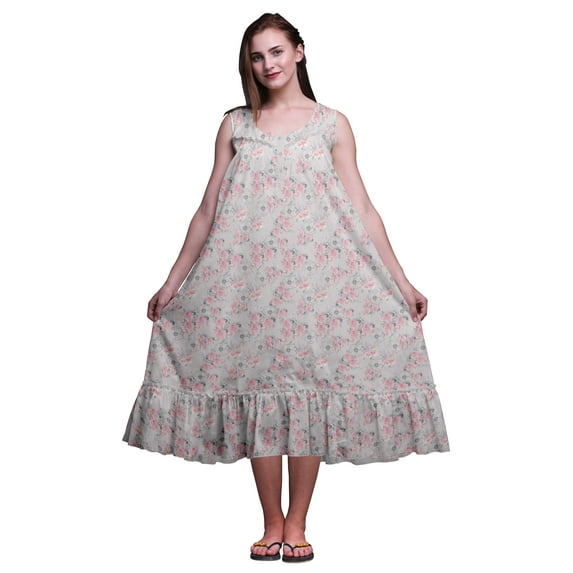 Bimba Light Gray3 Floral Leaves & Rose Sleeveless Night Gown For Womens Cotton Printed Nightwear Ladies Sleepwear Medium