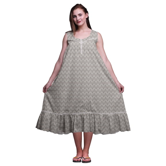 Bimba Light Gray6 Geometric Triangle Cotton Nightgowns For Women Mid-Calf Printed Sleepwear Night Dress Small