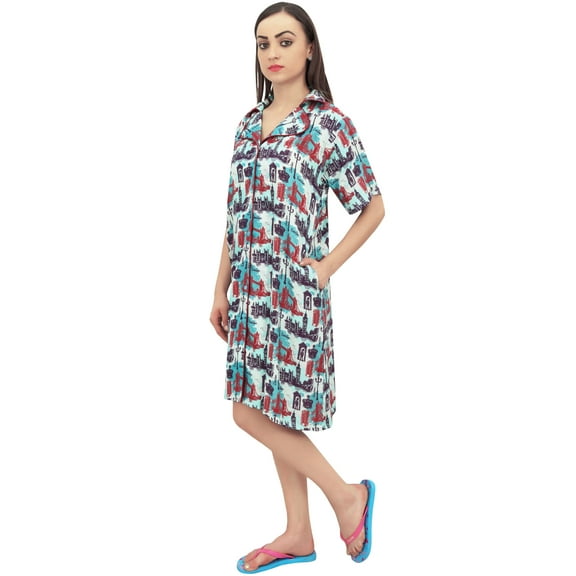 Bimba Light Green Architect Print Women's Sleepshirt Night Dress With Pockets - 4