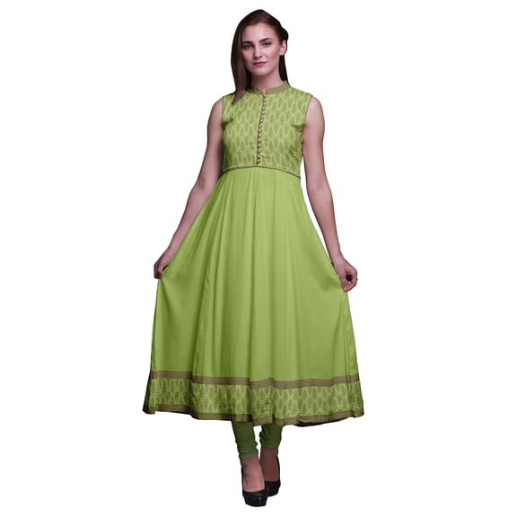 Bimba Light Green Leaves Anarkali Dress For Women Indian Ethnic Printed Kurti Long Kurta Party Dress X-Small