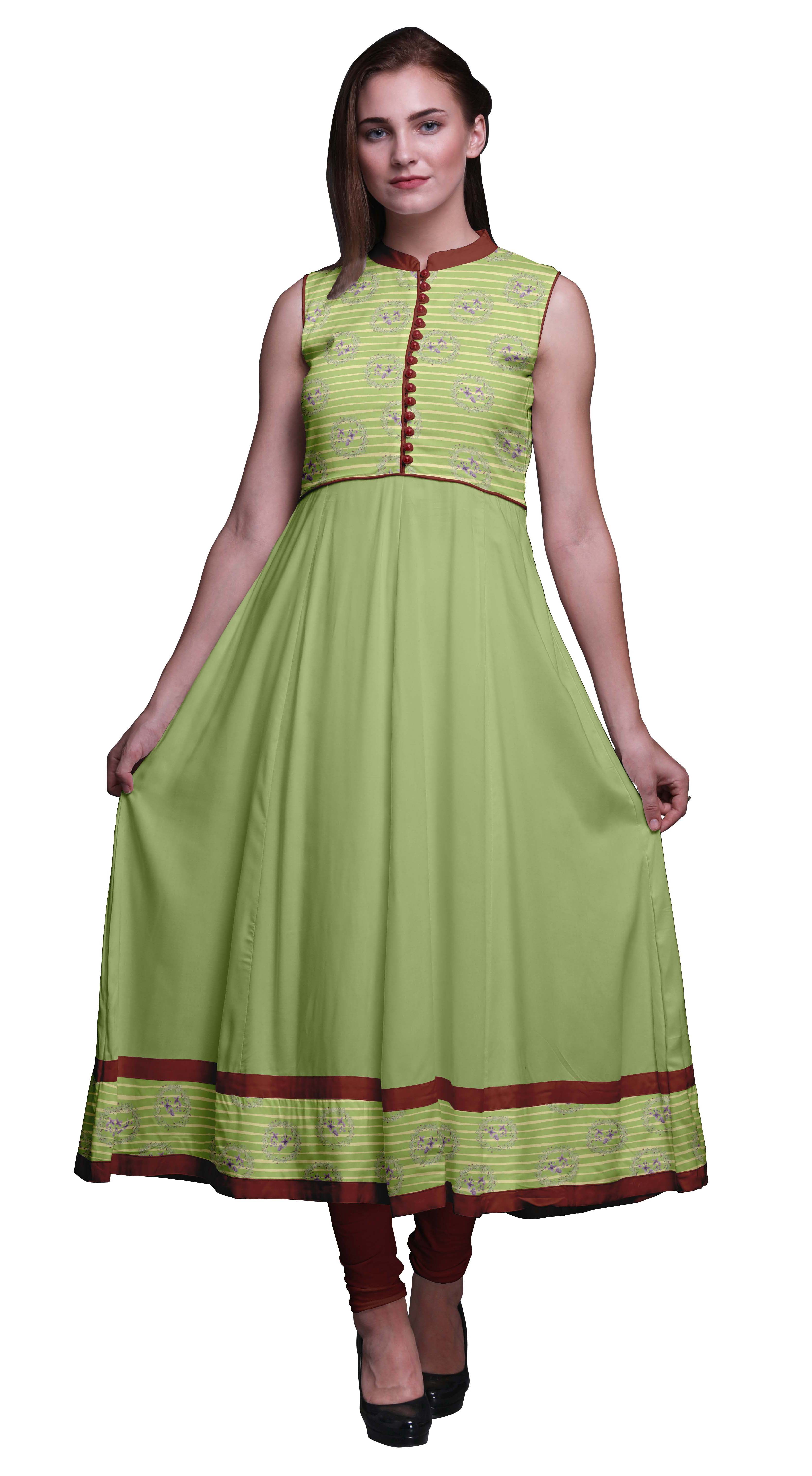 Bimba Light Green Watercolor Anarkali Dress Mandarin Collar Sleeveless  Kurtis for Women Print Maxi Dress X-Large - Walmart.com