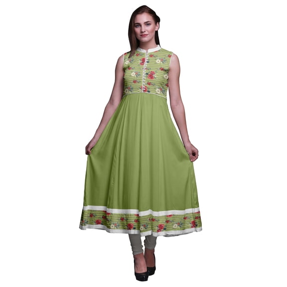 Bimba Light Green2 Stripe Printed Women Designer Mandarin Collar Anarkali Dress Indian Ethnic Kurta Small
