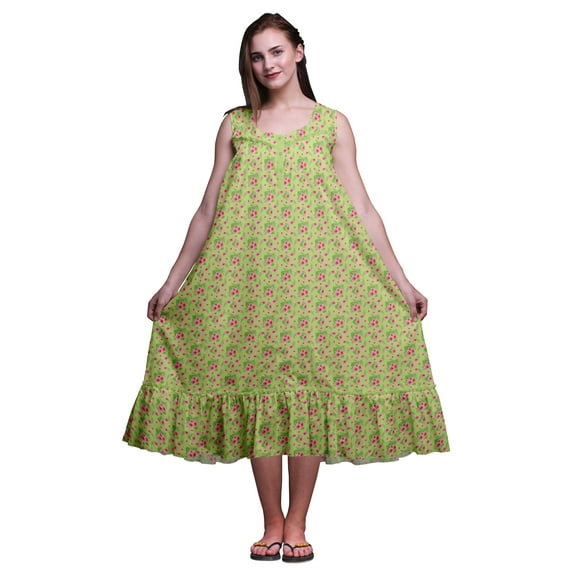 Bimba Light Green3 Floral Leaves & Sleeveless Cotton Nightgowns For Women Printed Mid-Calf Length Sleepwear Large