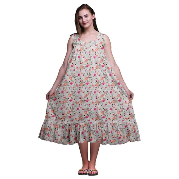 Bimba Light Grey Floral Pecan Leaves & Printed Cotton Nightgowns For Women Sleeveless Gown Sleepwear Maxi Dress XXX-Large