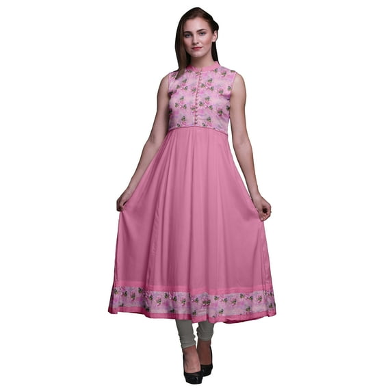 Bimba Light Pink Anarkali Dress Mandarin Collar Sleeveless Kurtis for Women Print Maxi Dress XXX-Large