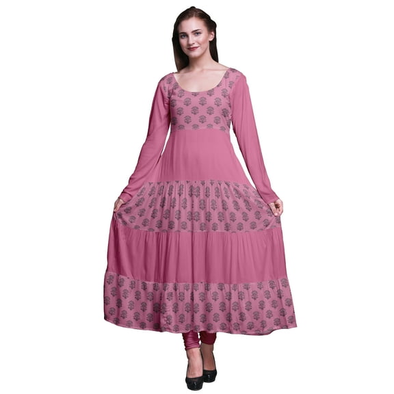 Bimba Light Pink Block Print Long Anarkali Dress For Women Indian Ethnic Kurti Full Sleeve Maxi X-Small