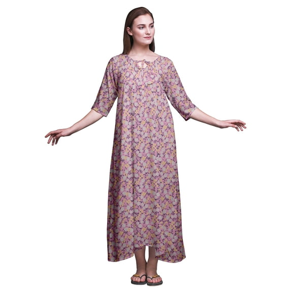 Bimba Light Pink Floral Leaves & Night Jasmine Printed Maxi Nightgowns For Women With Summer Slip Sleepwear XX-Large