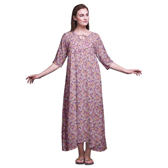 Bimba Light Pink Floral Leaves & Night Jasmine Printed Nightgowns Maxi Sleepwear For Women Long Sleep Dress Medium