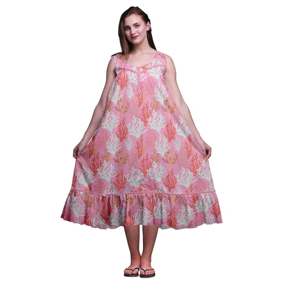 Bimba Light Pink Ocean Coral Sleeveless Cotton Nightgowns For Women Printed Mid-Calf Length Sleepwear Large