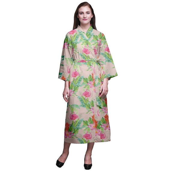 Bimba Light Pink Salmon Floral Flamingo,Leaves & Water Lily Bathrobes For Women Wrap Printed Bride Getting Ready Dress Robe For Girls X