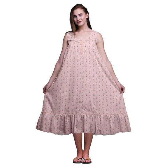 Bimba Light Pink Salmon Floral Leaf Sleeveless Cotton Nightgowns For Women Printed Mid-Calf Length Sleepwear Large