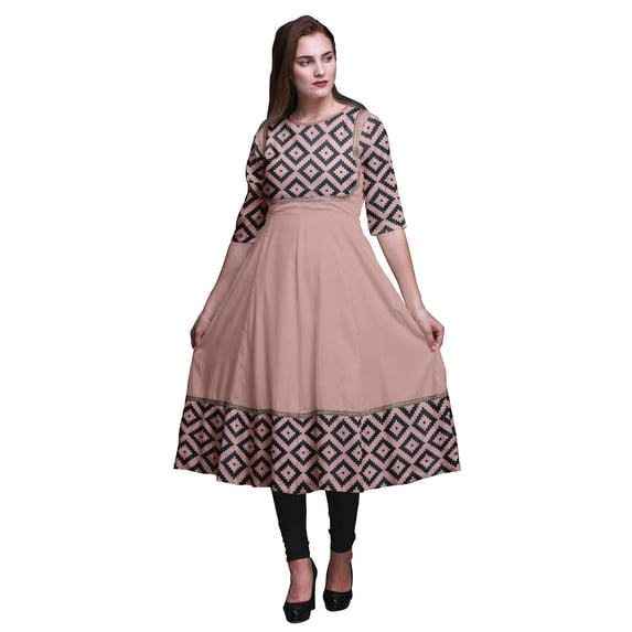 Bimba Light Pink Salmon Geometric Square Indian Ethnic Wear For Women Indian Kurtis Long Anarkali Kurta Large
