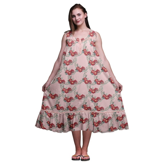 Bimba Light Pink Salmon4 Floral Leaves & Peony Cotton Nightgowns For Women Mid-Calf Printed Sleepwear Night Dress Small