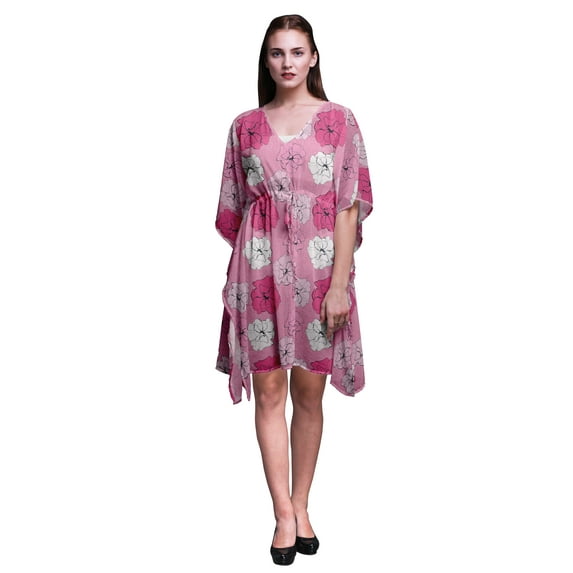 Bimba Light Pink3 Floral Carnation Womens Short Beach Kaftan Beachwear Bikini Coverup Midi Dress-S-L