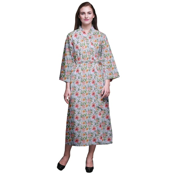 Bimba Light Purple Floral Leaves & Peach Flower Cotton Robe Women Long Bridesmaid Getting Ready Shirt Dresses Printed Kimono Robe Cotton M
