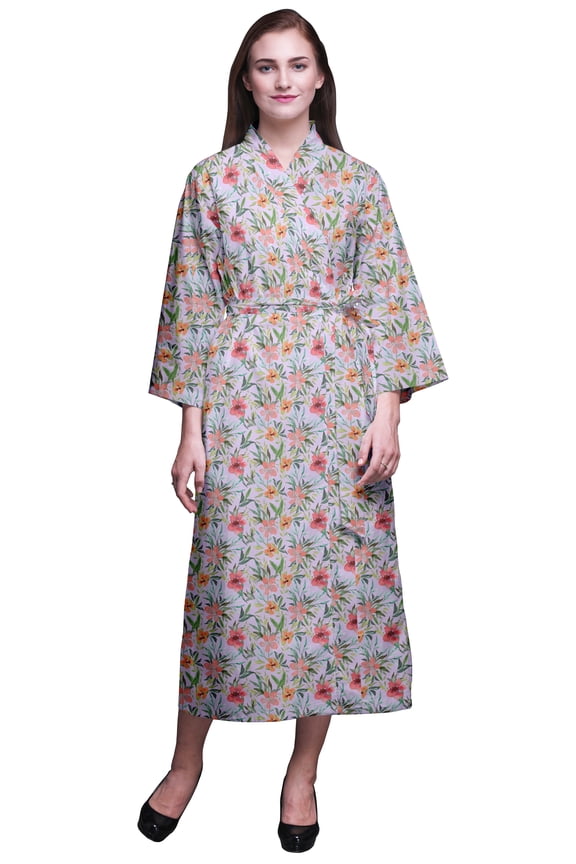 Light Purple Floral Leaves & Peach Flower Printed Women s Robes Long Soft Kimono Robe Cotton Bride Getting Ready Robe Long S