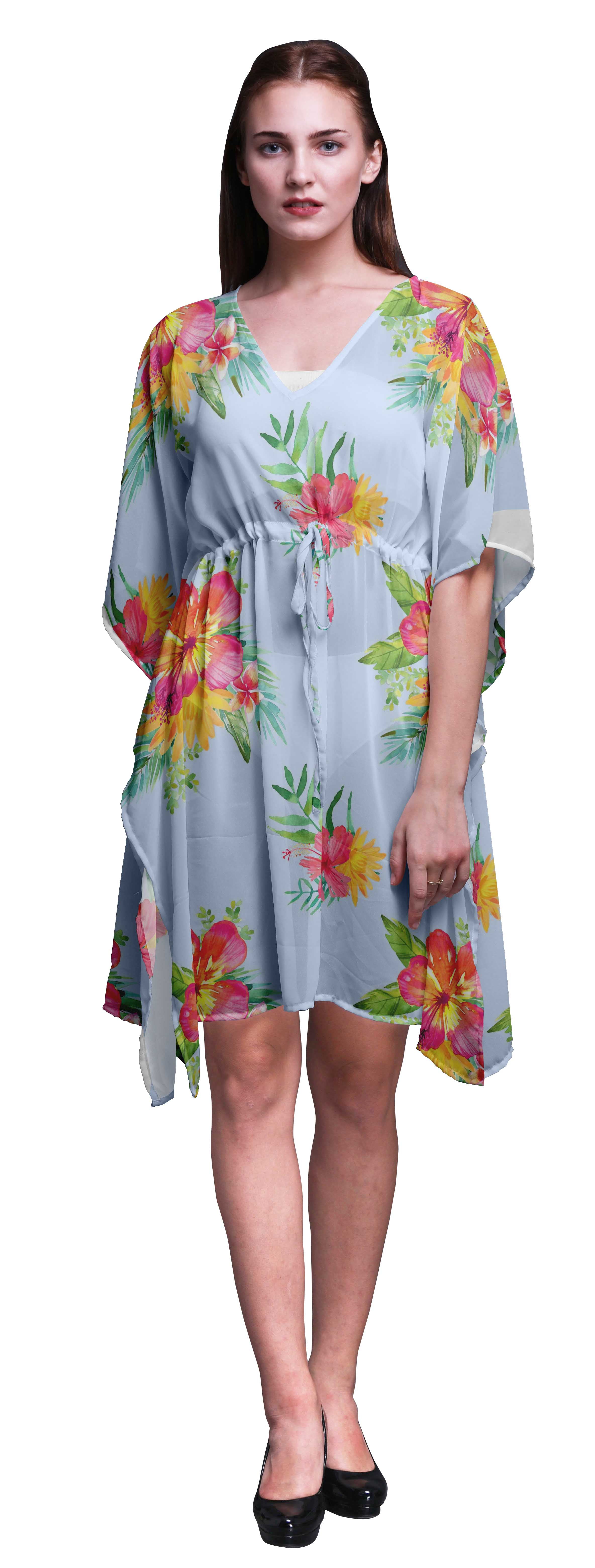 Bimba Light Steel Blue Floral Tropical Leaves & Beach Kaftan Bikini ...