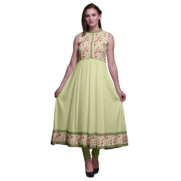 Bimba Light Yellow Floral Indian Long Kurti For Women Party Wear Printed Sleeveless Anarkali Kurti Dress X-Small