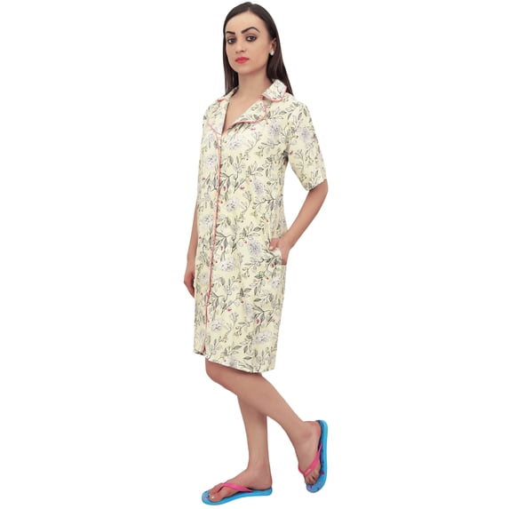 Bimba Light Yellow Floral Print Women's Short Sleeve Sleepshirt With Pocket - 24