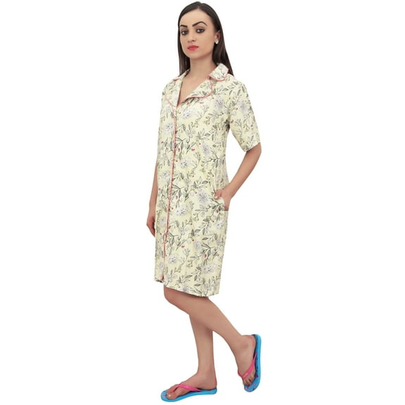Bimba Light Yellow Floral Print Women's Short Sleeve Sleepshirt With Pocket - 4