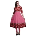 thumbnail image 1 of Bimba Lipstick Red Floral Leaves & Pink Flower Print Long Anarkali For Women Indian Kurti Casual Ethnic Tunic Small, 1 of 5