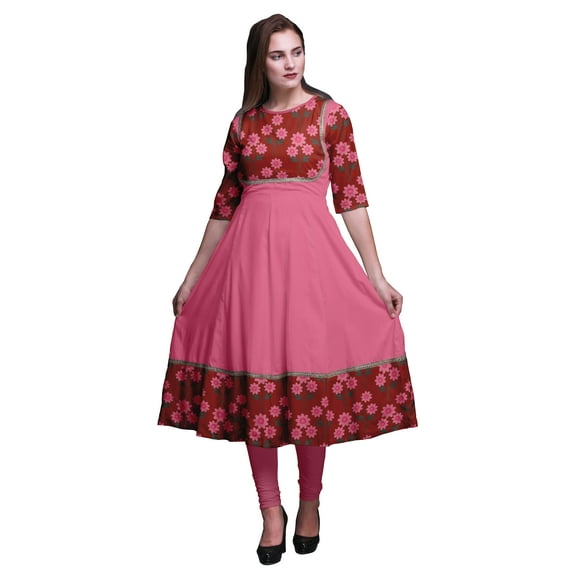 Bimba Lipstick Red Floral Leaves & Pink Flower Print Long Anarkali For Women Indian Kurti Casual Ethnic Tunic Small