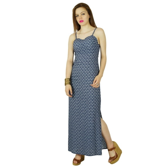 Bimba Long Maxi Dress With Spaghette Strap Blue Summer Gown With Side Slit