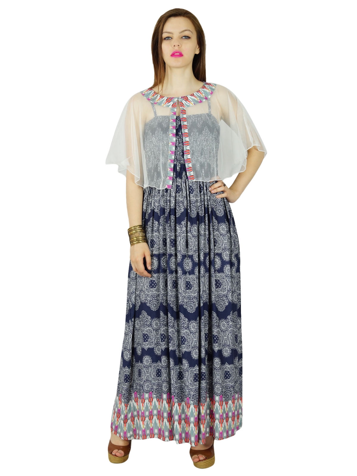 Bimba Long Rayon Flaired Maxi Dress With Smocked Bust Net Poncho Cape Walmart