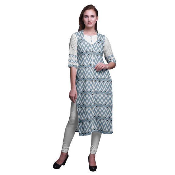 Bimba Long Straight Kurti For Women Printed Indian Rayon Slub 3/4 Sleeve Tunic
