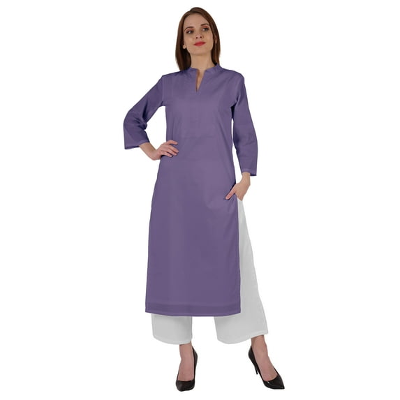 Bimba Mandarin Collar W/ Pintucked Neck Cotton Kurti For Women’s Indian Ethnic Straight Solid Kurta
