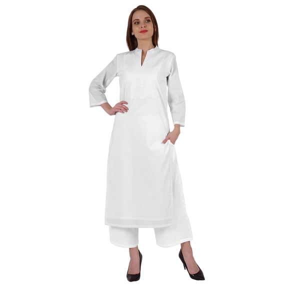Bimba Mandarin Collar W/ Pintucked Neck Cotton Kurti For Women’s Indian Ethnic Straight Solid Kurta