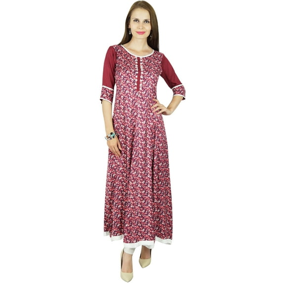 Bimba Maroon Kurti Long Flaired Rayon Kurta Indian Ethnic Formal Blouse