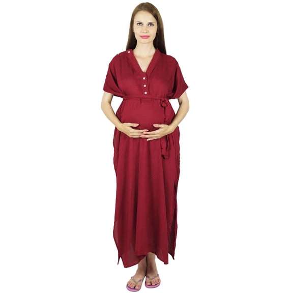 Bimba Maternity Kaftan Belt Nursing Night Gown, Front Buttons, Baby Shower Gift