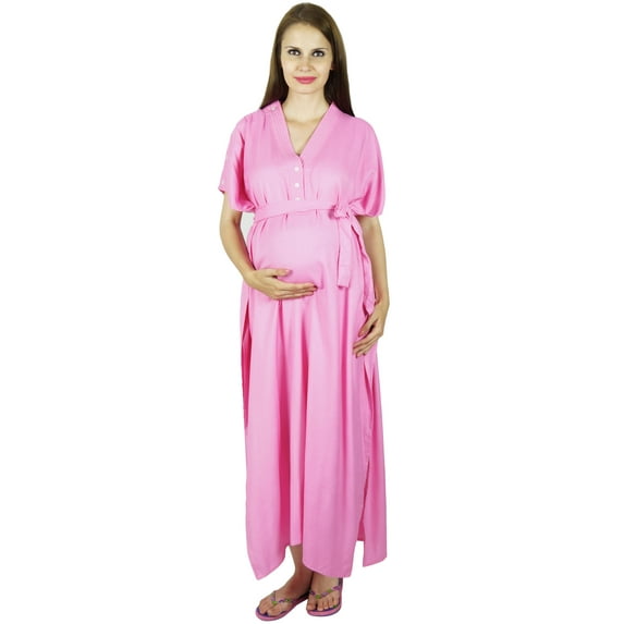 Bimba Maternity Kaftan Belt Nursing Night Gown, Front Buttons, Baby Shower Gift