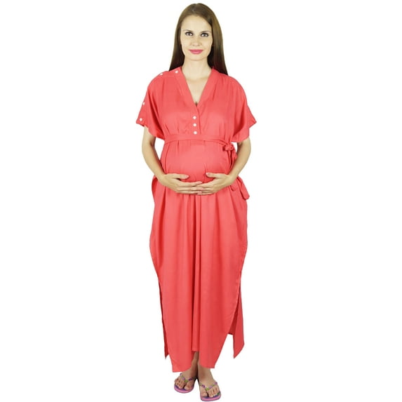 Bimba Maternity Kaftan Belt Nursing Night Gown, Front Buttons, Baby Shower Gift
