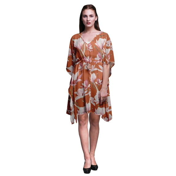 Bimba Medium Orange Floral Saucer Magnolia Short Caftan Midi Dress Beach Swimwear Cover up Womens Kaftan-S-L
