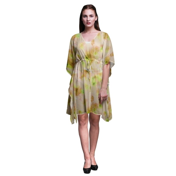 Bimba Medium Yellow Tie-Dye Light Ladies Kaftan Holiday Loungewear Midi Dress Beach Coverup-S-L