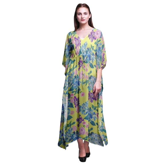 Bimba Medium Yellow2 Leaves & Rose Flower Womens Long Beach Kaftan Beachwear Bikini Coverup Maxi Dress-S-L