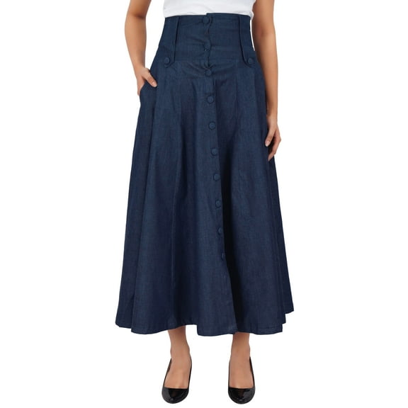 Bimba Mid-Calf High Waist Denim Skirt Long Flared A line Retro Boho Skirts