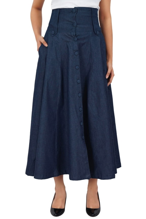 Mid-Calf High Waist Denim Skirt Long Flared A line Retro Boho Skirts