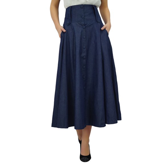 Bimba Mid-Calf High Waist Denim Skirt Long Flared A line Retro Boho Skirts