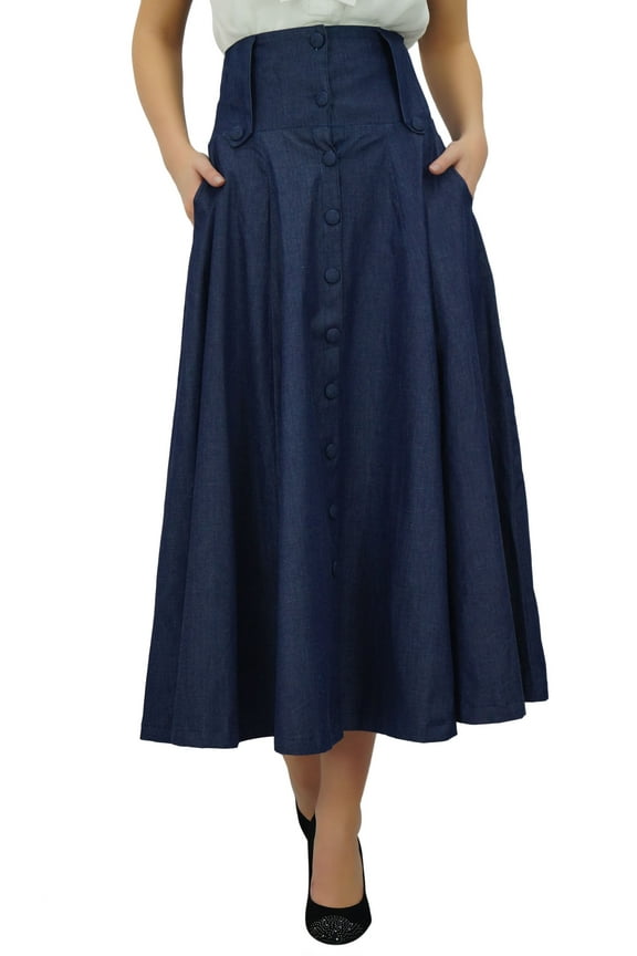 Mid-Calf High Waist Denim Skirt Long Flared A line Retro Boho Skirts