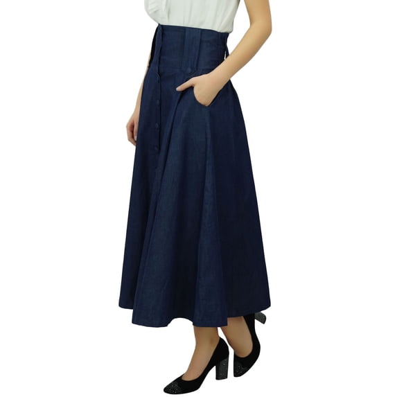 Bimba Mid-Calf High Waist Denim Skirt Long Flared A line Retro Boho Skirts