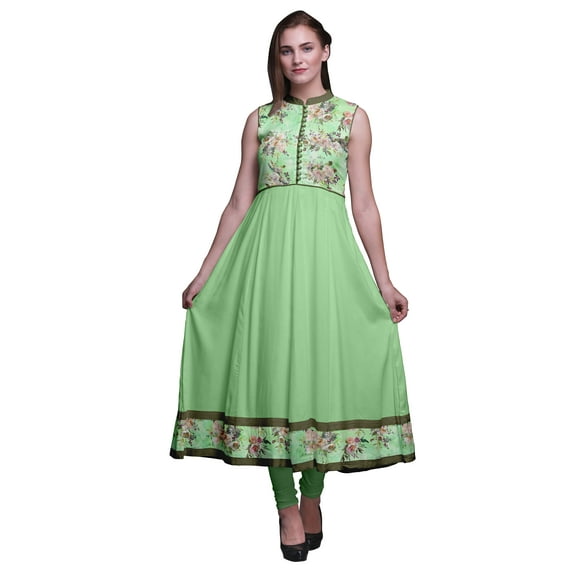 Bimba Mint Green Floral Anarkali Dress Mandarin Collar Sleeveless Kurtis for Women Print Maxi Dress X-Small