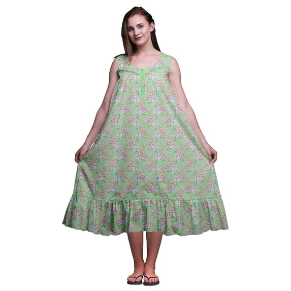 Bimba Mint Green Floral Anemone & Lavender Blue Flower Printed Cotton Nightgowns For Women Sleeveless Gown Sleepwear Maxi Dress Large