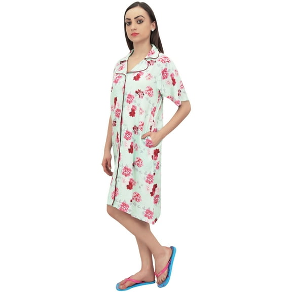 Bimba Mint Green Floral Print Women's Turn-Down Collar Sleepshirt Night Dress - 6