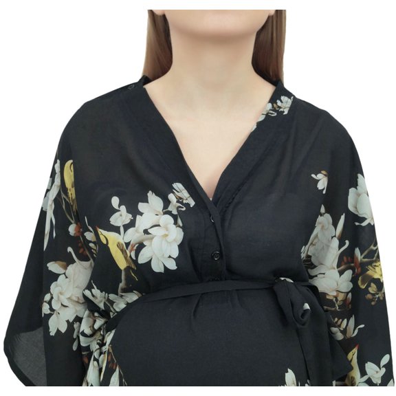 Bimba Moms Black Floral Print Kimono Sleeve Maternity Kaftan Maxi Dress-12