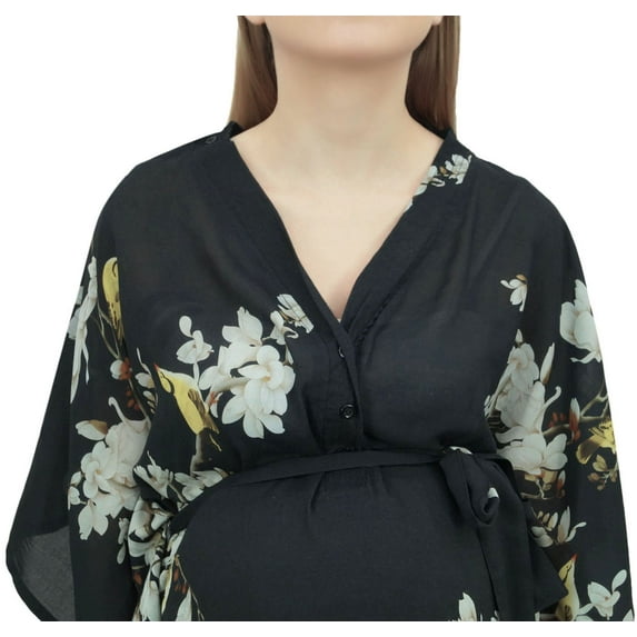 Bimba Moms Black Floral Print Kimono Sleeve Maternity Kaftan Maxi Dress-4