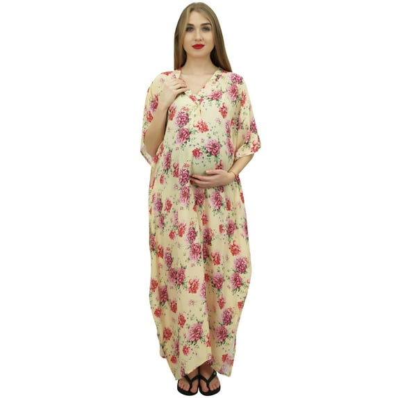 Bimba Moms Cream Printed Kimono Sleeve Kaftan With Belt Maternity Dress-4